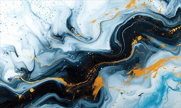 Blue and gold abstract acrylic background. Marbling artwork texture. Agate ripple pattern. Gold