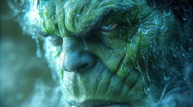 Close-up of a wet Hulk looking intensely to the side with a feeling of anger, AI generated