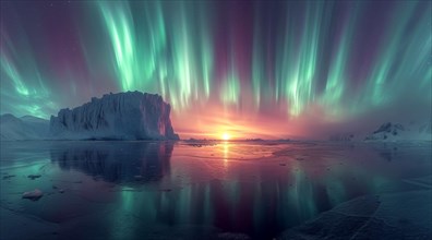 Sunset and green aurora borealis casting reflections over icebergs in a frozen landscape, AI