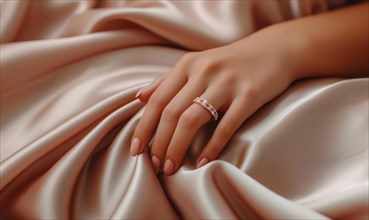 Close-up of a hand adorned with a delicate ring resting on soft silk fabric AI generated