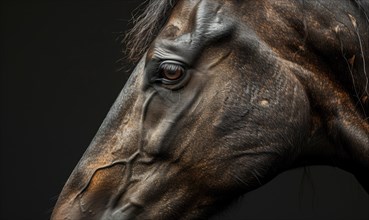 Captivating close-up portrait focusing on the eye of a horse with dark tones AI generated