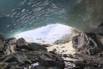 Glacier cave, winter, Morteratsch Glacier, Pontresina, Engadin, Graubuenden, Switzerland, Europe