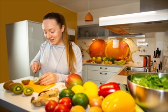 Vegan nutrition: Young woman cuts a kiwi