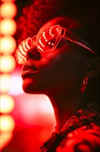 Close-up of a woman with glittering glasses and earrings, looking mysterious due to red light and