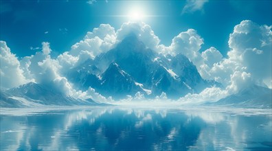 Snowcapped mountains reflect in a lake under a clear blue sky with radiant sunlight, ai generated,