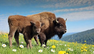 AI generated, animal, animals, mammal, mammals, biotope, habitat, two, bison with calf, spring,