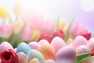 Pastel colored Easter eggs and tulip spring flowers. KI generiert, generiert AI generated
