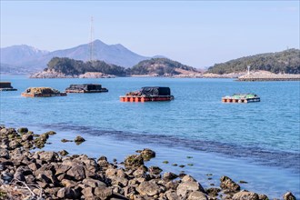 Floating docks loaded with fishing gear in water off island coastal seaport in Yeosu, South Korea,