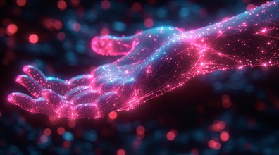 A hand composed of digital particles in a virtual reality setup, glowing with neon blue and red