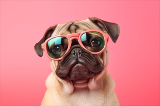Cute pug dog with pink sunglasses. KI generiert, generiert AI generated