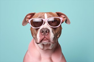 Pitbull dog with sunglasses on blue background. KI generiert, generiert AI generated