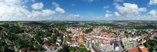 Aerial view of Dingolfing with a view of the historic town centre. Dingolfing, Lower Bavaria,