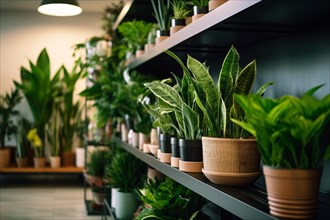 Houseplants on shelves in plant nursery shop. KI generiert, generiert AI generated