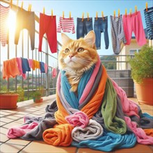 A ginger cat wrapped in colorful towels sits on a balcony with laundry drying in the background, AI