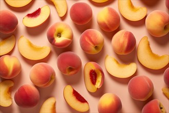 Top view of peaches on pink background. KI generiert, generiert AI generated