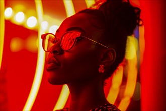 Side silhouette of a woman with trendy glasses, surrounded by a soft, red neon light in a disco, AI