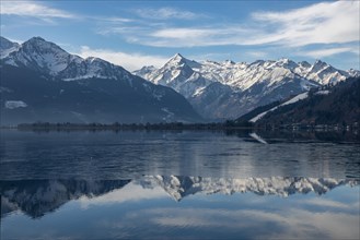 Landscape panorama, mountains, lake, reflection, pinzgau, zellamsee, kitzsteinhorn, frozen
