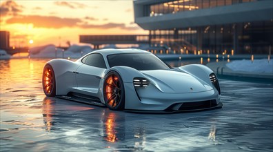 A futuristic white Porsche with reflective wheels parked in shallow water at sunset near modern