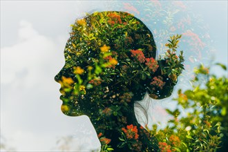 Face of a woman in double exposure with flowers and leaves full of brightness, symbolic image for