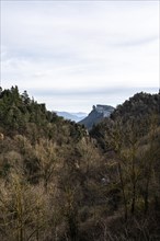 Mountainous landscape seen from the village of Rupit in Catalonia Spain