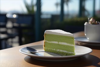 Slice of green matcha cream cake on plate. KI generiert, generiert AI generated