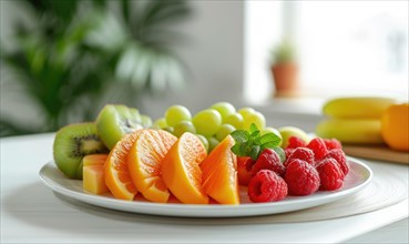 Fresh fruits on a white plate in the kitchen. Healthy eating AI generated