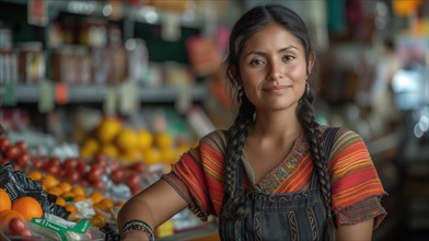 Young Mexican woman at her local fruit and vegetable store in a market, AI generated