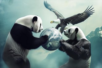 Two pandas and a bald eagle in a cool mountain landscape fight for the globe, symbolising the