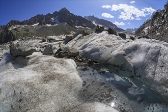 Mountain peak with glacier in sunshine, snowmelt, climate change, Argentiere glacier, Mont Blanc