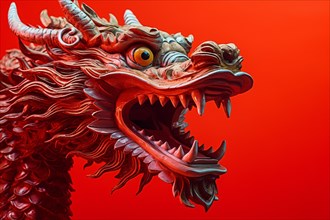 Sculpture of traditional Chinese dragon on red background. KI generiert, generiert AI generated