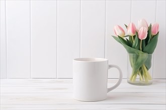 White mug with pink tulip spring flowers. KI generiert, generiert AI generated