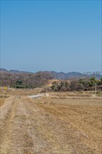 Landscape of dry farmland with concrete drainage aqueduct in distance under clear blue sky