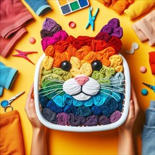 Colorful yarns arranged to form a playful cat face against a bright background, AI generated