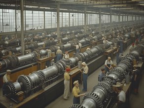 Factory work of the last century (around 1960) Workers work diligently in a machine factory, AI