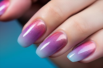 Clos eup of ombre blue, purple and pink finger nail art deisgn. KI generiert, generiert AI