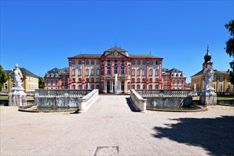 Bruchsal, Germany, August 2023: Baroque castle called Bruchsal Palace with fountain on sunny day,
