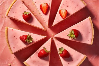 Top view of slices on pink strawberry cheesecake. KI generiert, generiert AI generated