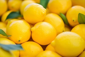 Close up of many fresh lemon fruits at farmer's market. KI generiert, generiert AI generated