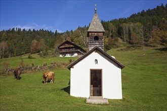 Graseck Alm with huts, chapel and hiking trail, Garmisch-Partenkirchen, Werdenfelser Land, Upper
