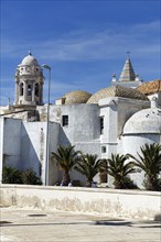 View of the dome and steeples of Cadiz Cathedral, Cathedral of the Holy Cross above the sea, Cadiz,