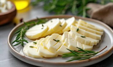 Slices of feta cheese with rosemary and spices on a wooden background AI generated