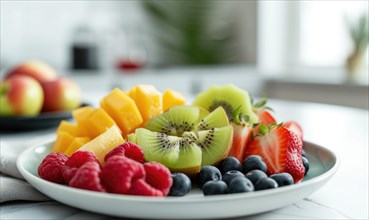 Plate with fresh fruits on table in room. Healthy eating concept AI generated