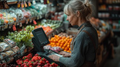 Nordic middle-aged woman buying fruit in a supermarket, AI generated