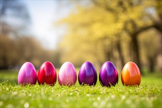 Bright colored Easter eggs in a row on grass. KI generiert, generiert AI generated
