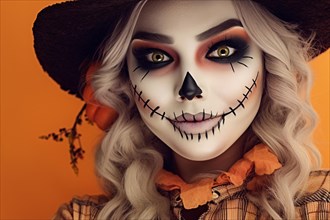 Woman with scarecorw Halloween costume and makeup. KI generiert, generiert AI generated