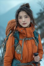 Young Asian woman hiking in the mountains, AI generated