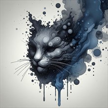 Monochrome abstract ink depiction of a cat with swirls and grey ink droplets, AI generated