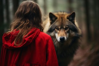 Back view of girl or young woman in red riding hood with blurry wolf in forest in background. KI
