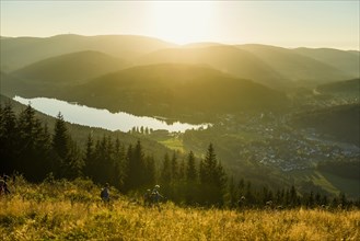 View from Hochfirst to Titisee and Feldberg, sunset, near Neustadt, Black Forest,