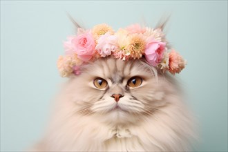 Persian cat with flowers on head. KI generiert, generiert AI generated
